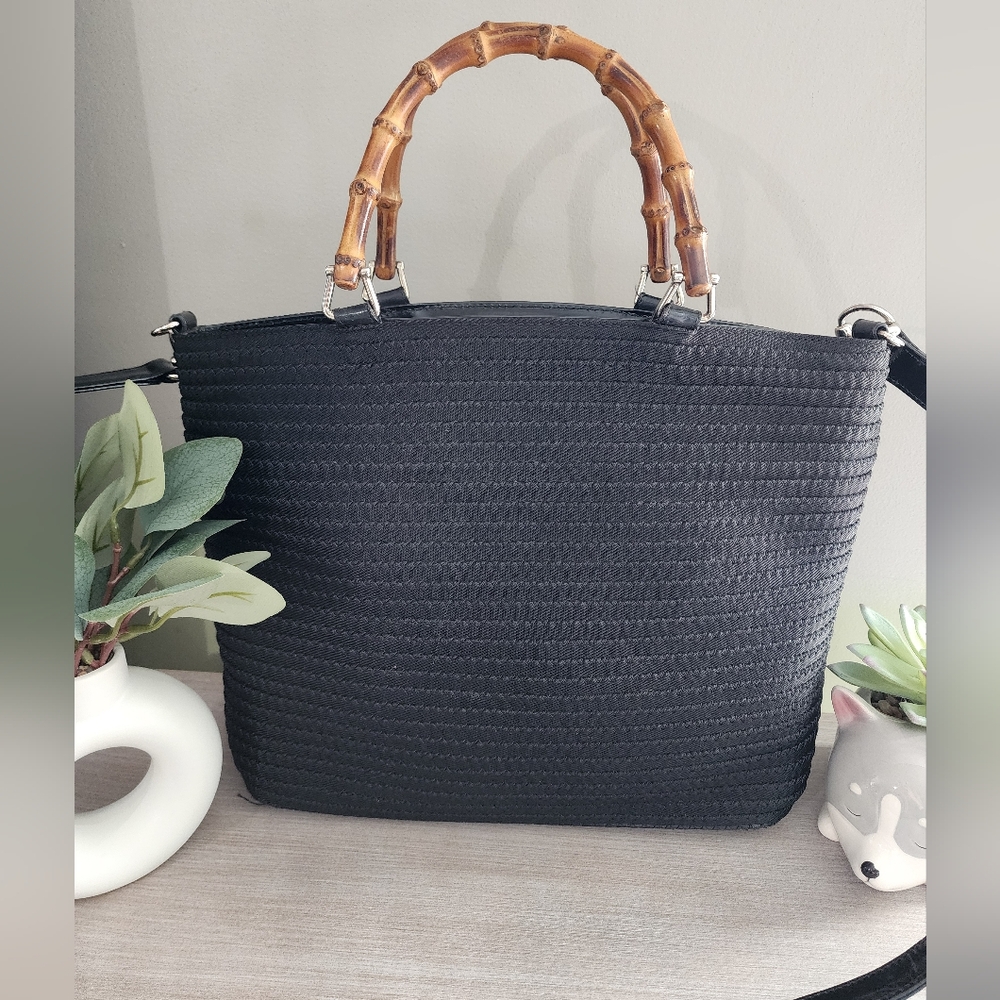 Gucci Bamboo Top Handble Bag Canvas Full Zipper Black